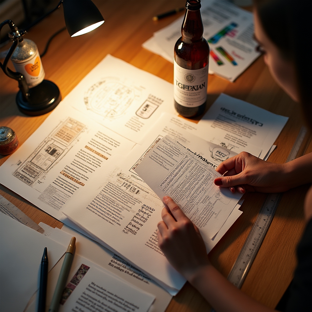 Processo di progettazione etichetta birra con layout normativo e bozze grafiche
