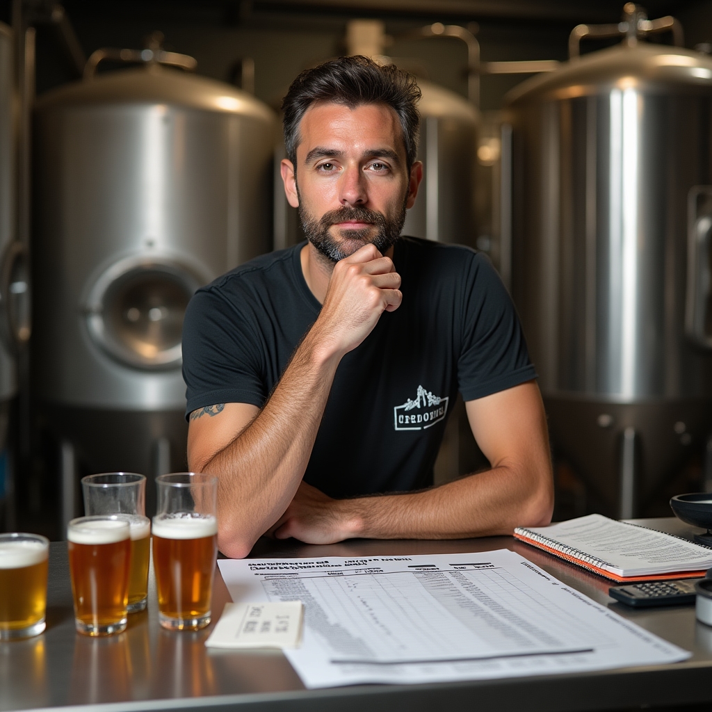 Produttore di birra artigianale che pianifica la strategia commerciale con documenti e campioni
