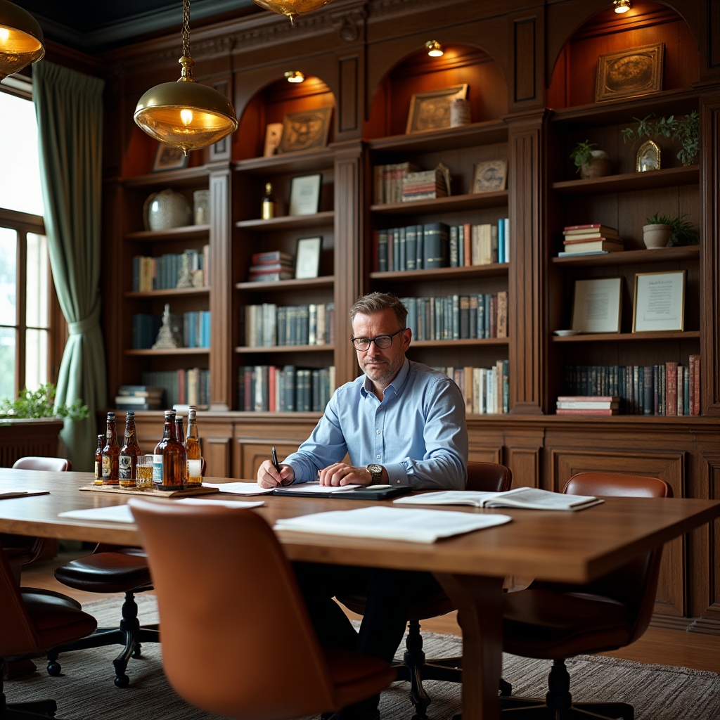 Spazio di lavoro Talexnix AI con tavolo in legno e librerie, atmosfera professionale e accogliente